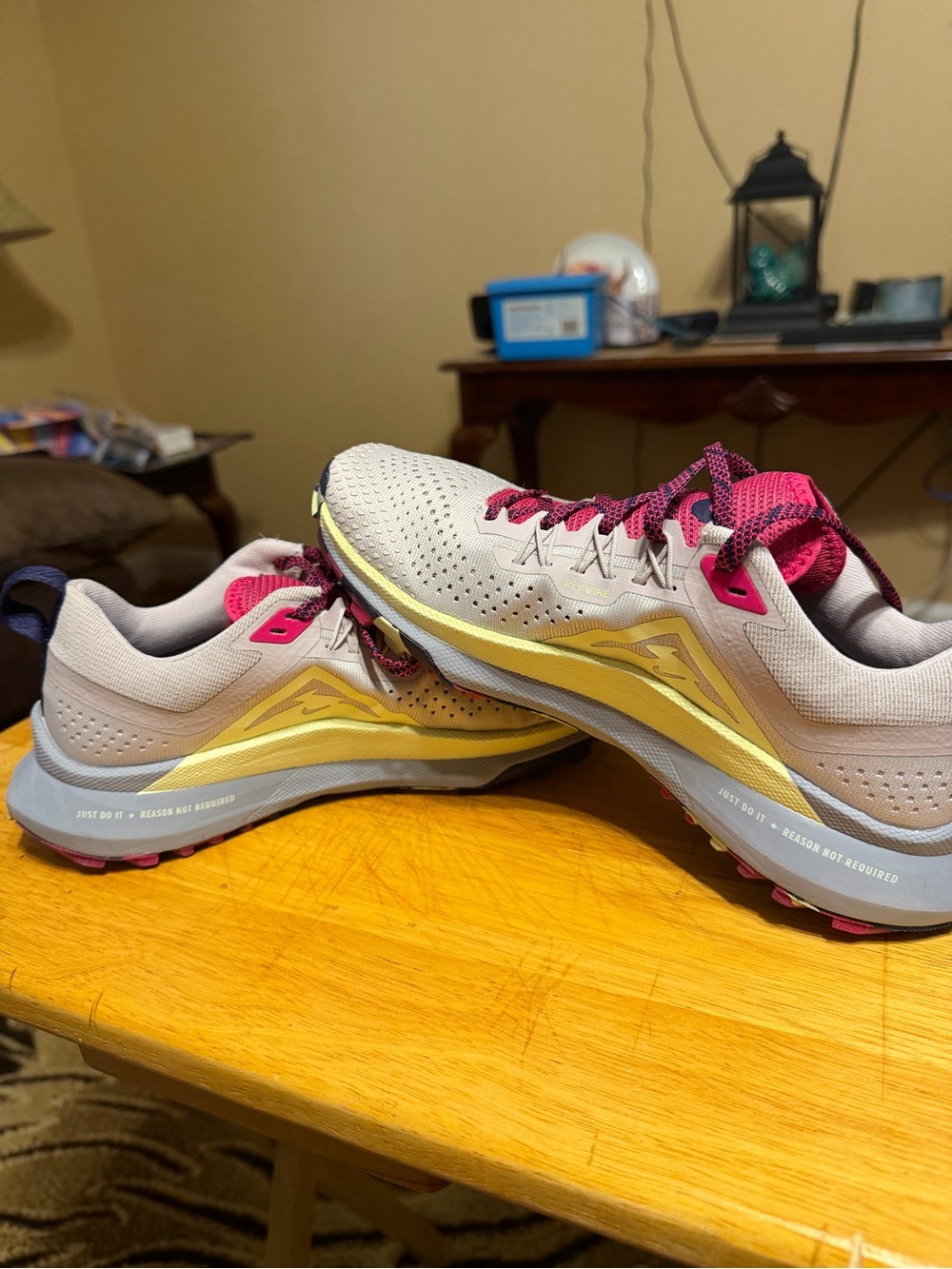 Nike Women’s Light Gray and Yellow Running Shoes with Pink Laces